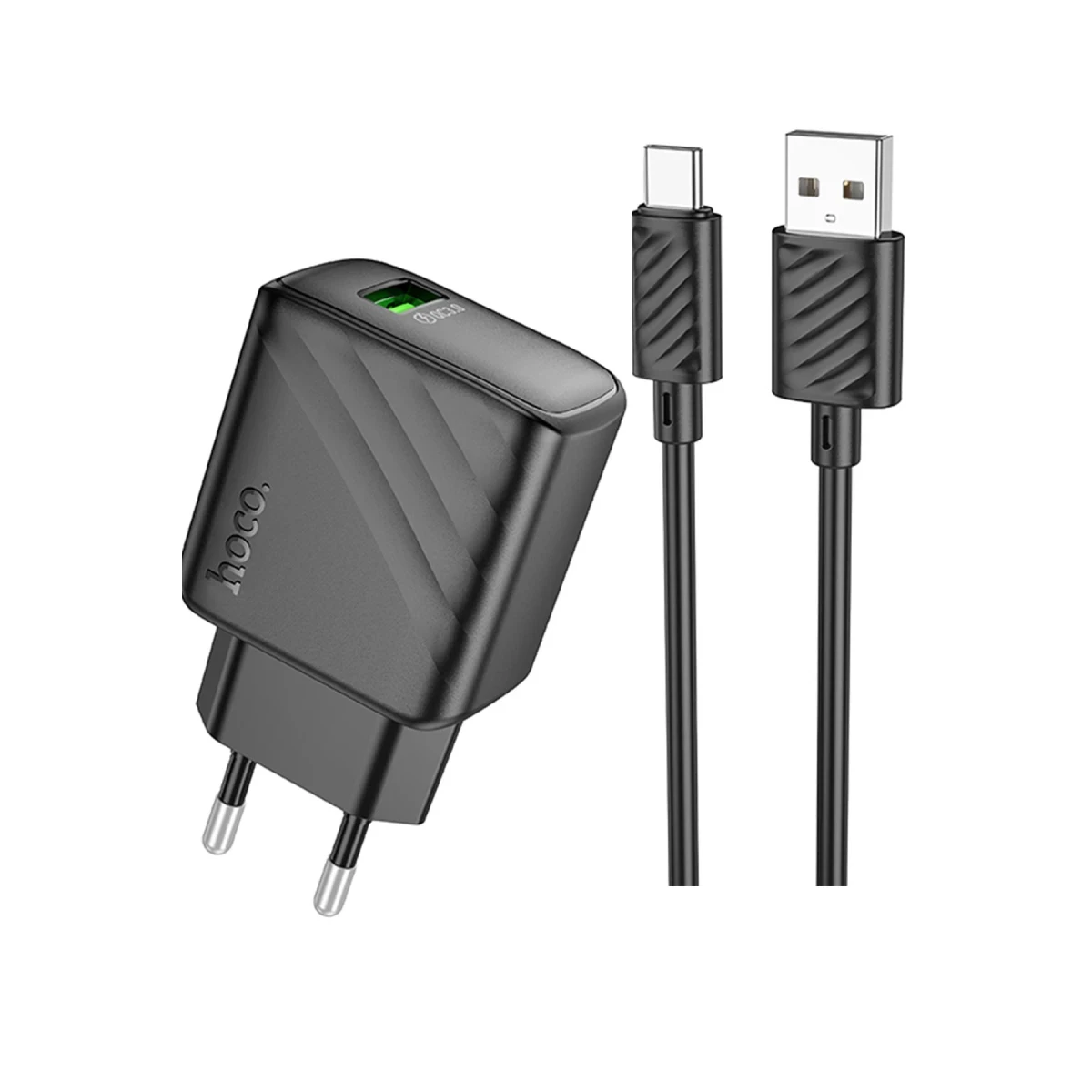 Hoco. CS21A Rich 18W USB 3.0 QC Çıkışlı Ekstra USB to Type-C Kablolu Hızlı Şarj Aleti - Siyah